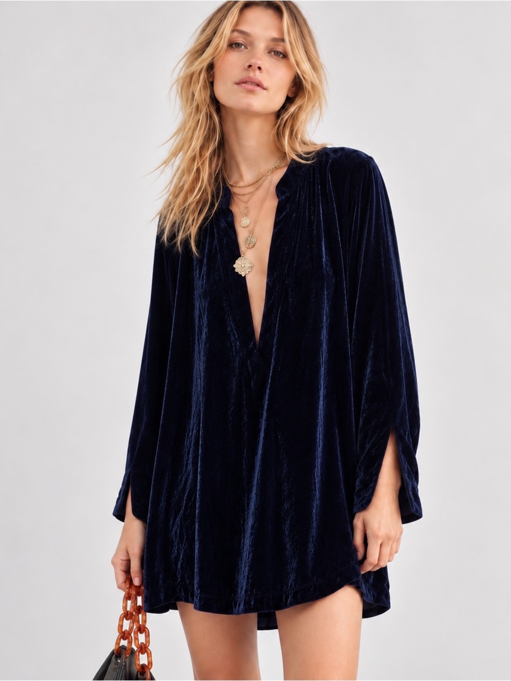 Free People x CP Shades Jacey Silk Velvet Mini Tunic Dress Blue L